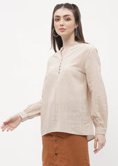 Madame Ruffle Mandarin Collar Beige Striped Top