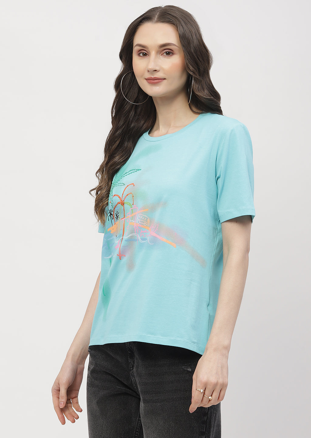 Madame Graphic Print Aqua Blue Regular T- Shirt