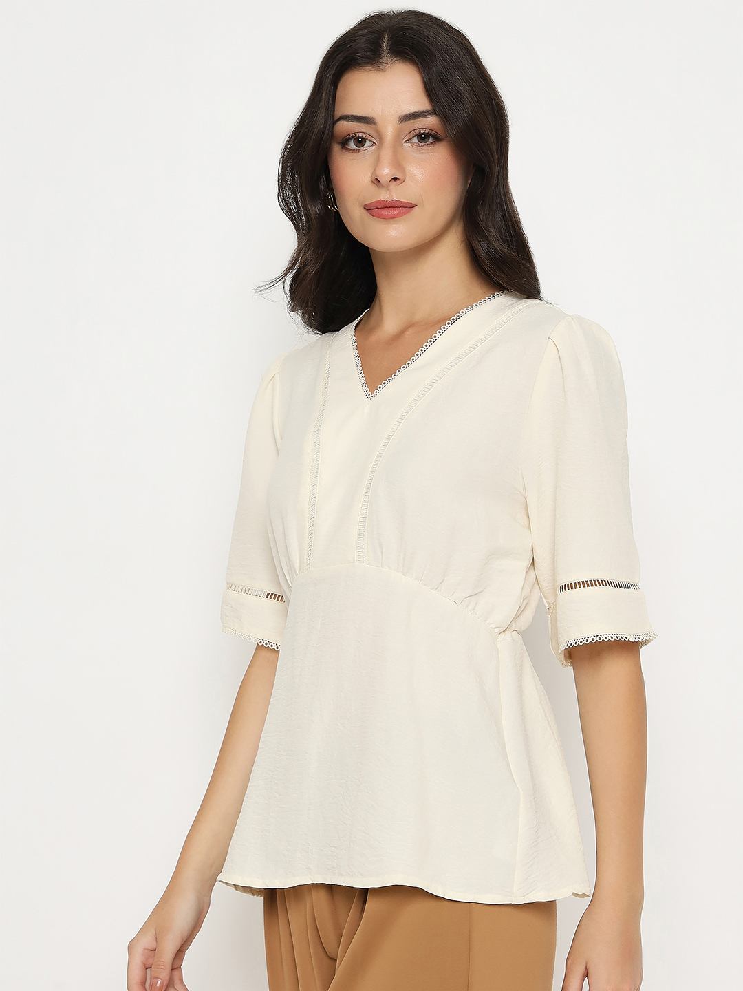 Madame Ladies Western off-white long-sleeve top, stylish upper Western blouse with a fitted design and subtle detailing.