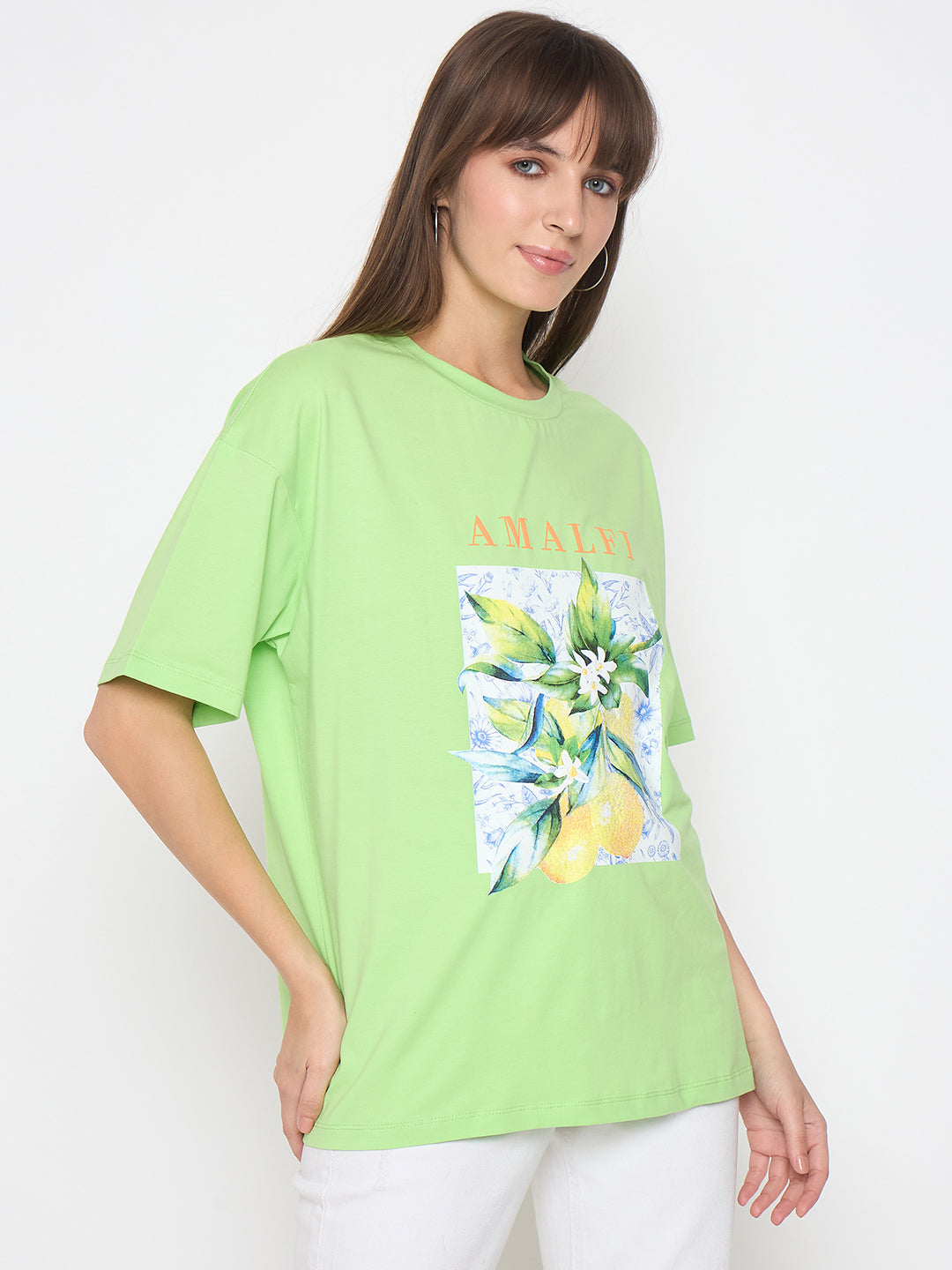 Madame botanical print short sleeve green cotton blend t-shirt for women, featuring a Western-inspired design and relaxed fit.