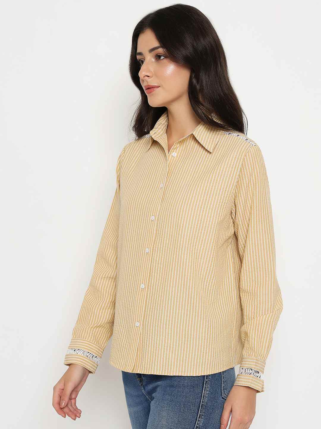Madame Textured Embroidered Accents Beige Shirt