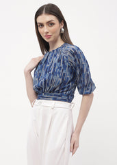 Madame Raglan Sleeve Blue Abstract Print Crop Top