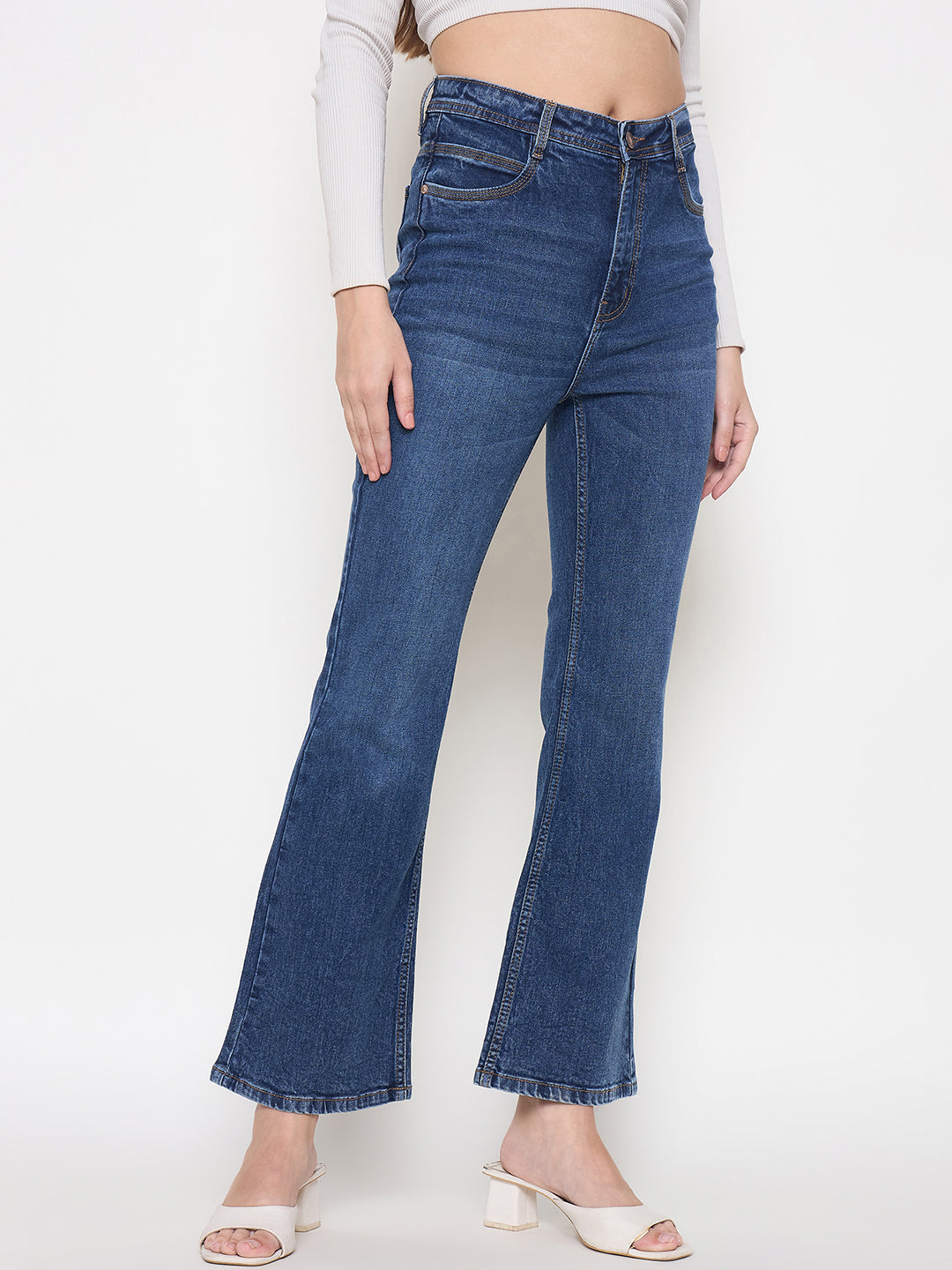 Madame Stone Wash Dark Blue Whiskered Flared Denim Jeans