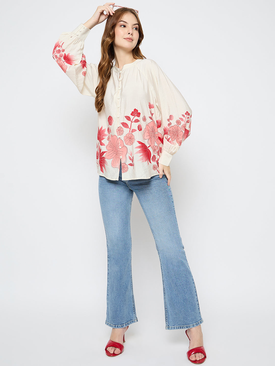 Madame Floral Print Rayon Blend Beige Top