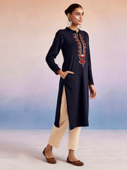 Navy Blue Embroidered Straight Woolen Kurta