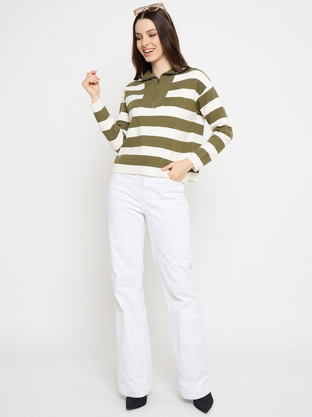 Madame Striped Zip Up Olive Green Sweater