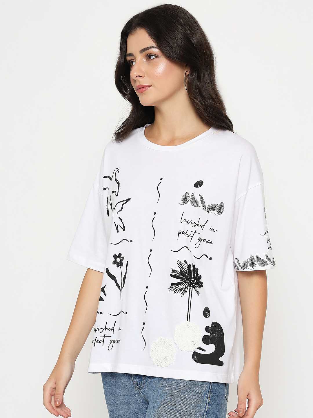 White cotton T-shirt with Madame graphic print, women's Western top, short-sleeve casual upper wear.