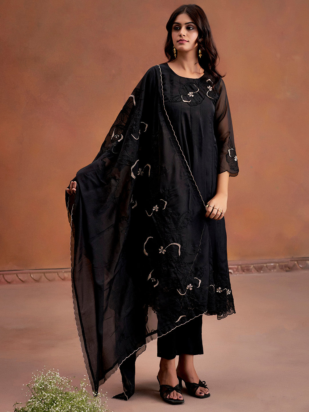 Black Patchwork Embroidered Festive Anarkali Kurta Set With Dupatta
