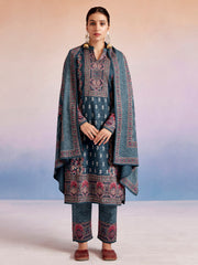 Sea Green Woolen Floral Printed Kurta Set With Dupatta