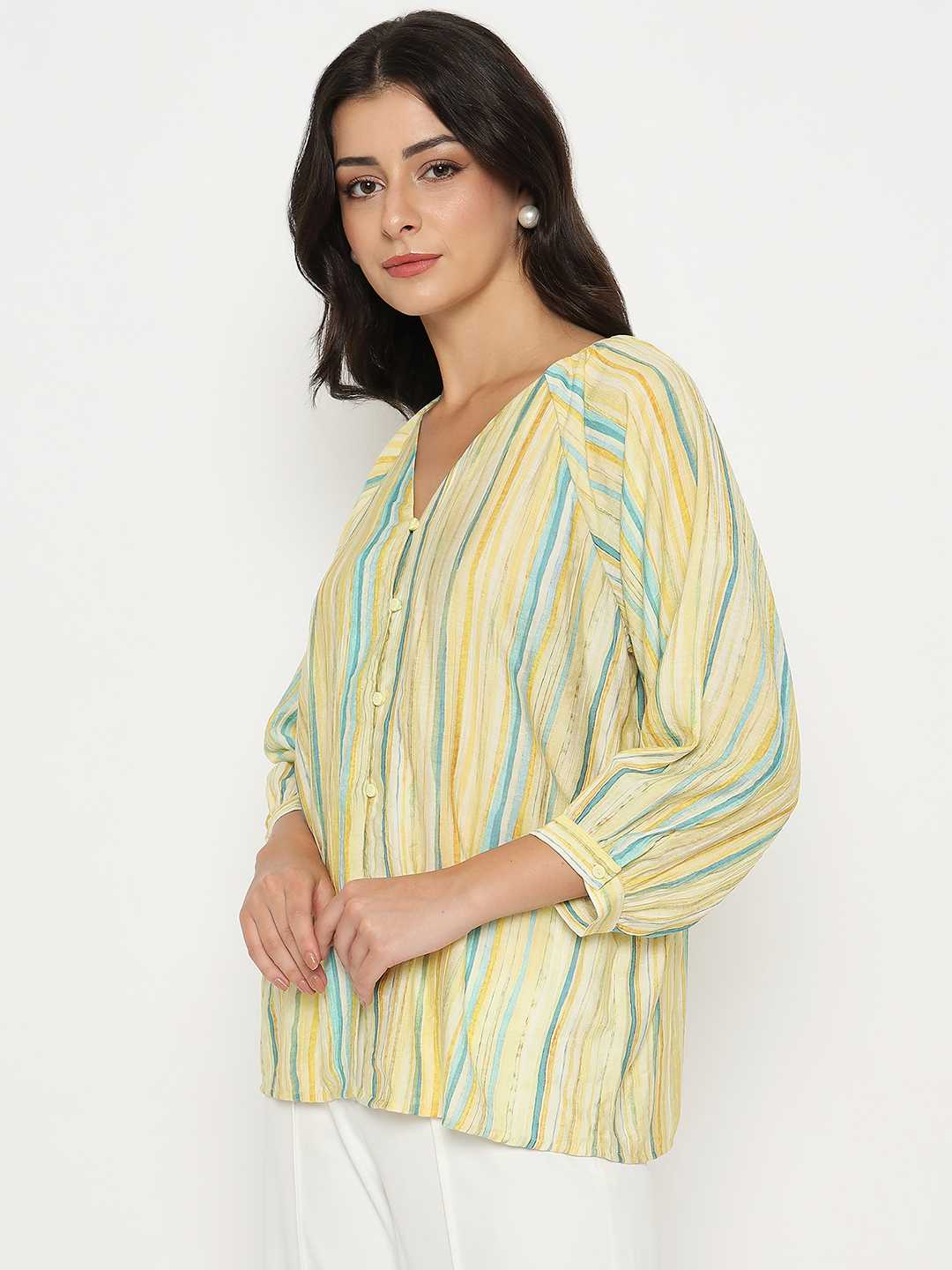 Madame Striped Rayon Blend Yellow Top