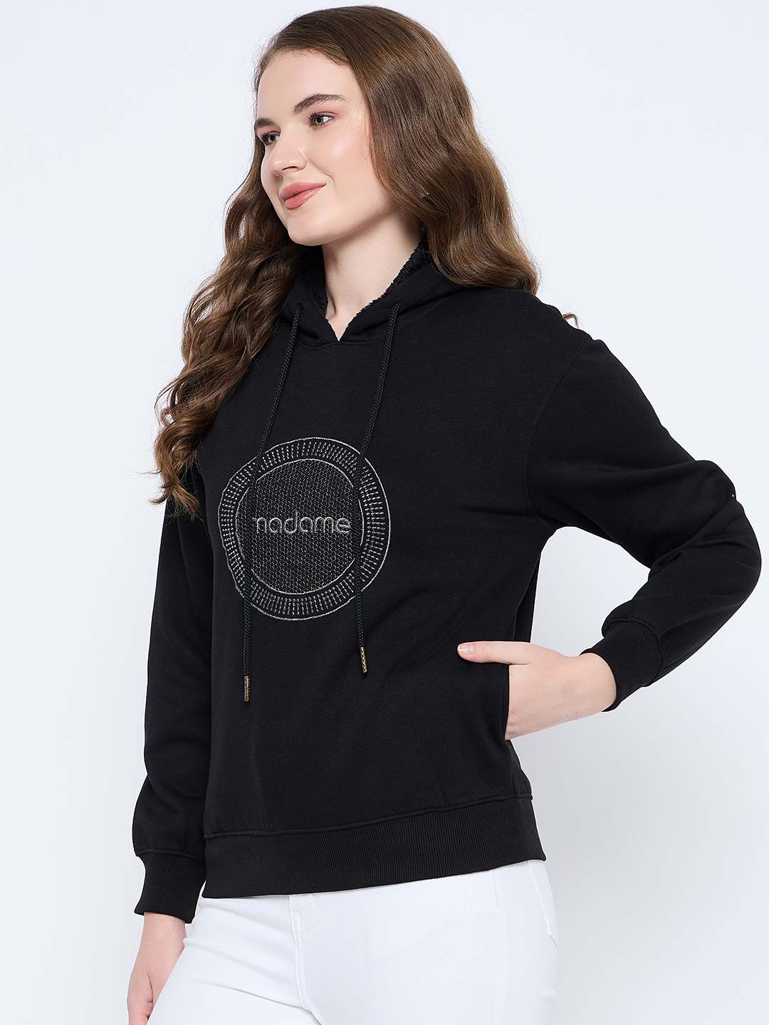 Madame Graphic Print Loose Fit Black Hooded Sweatshirt