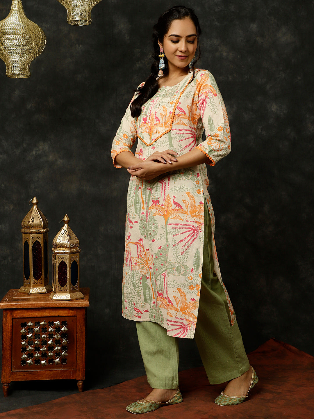Green Kantha Work Printed Straight Kurta With Palazzo