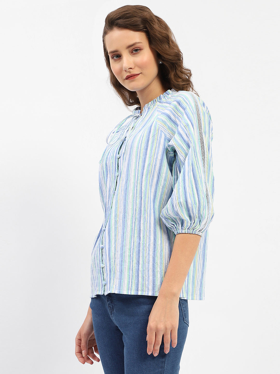 Madame Striped Sky Blue Raglan Sleeve Shirt