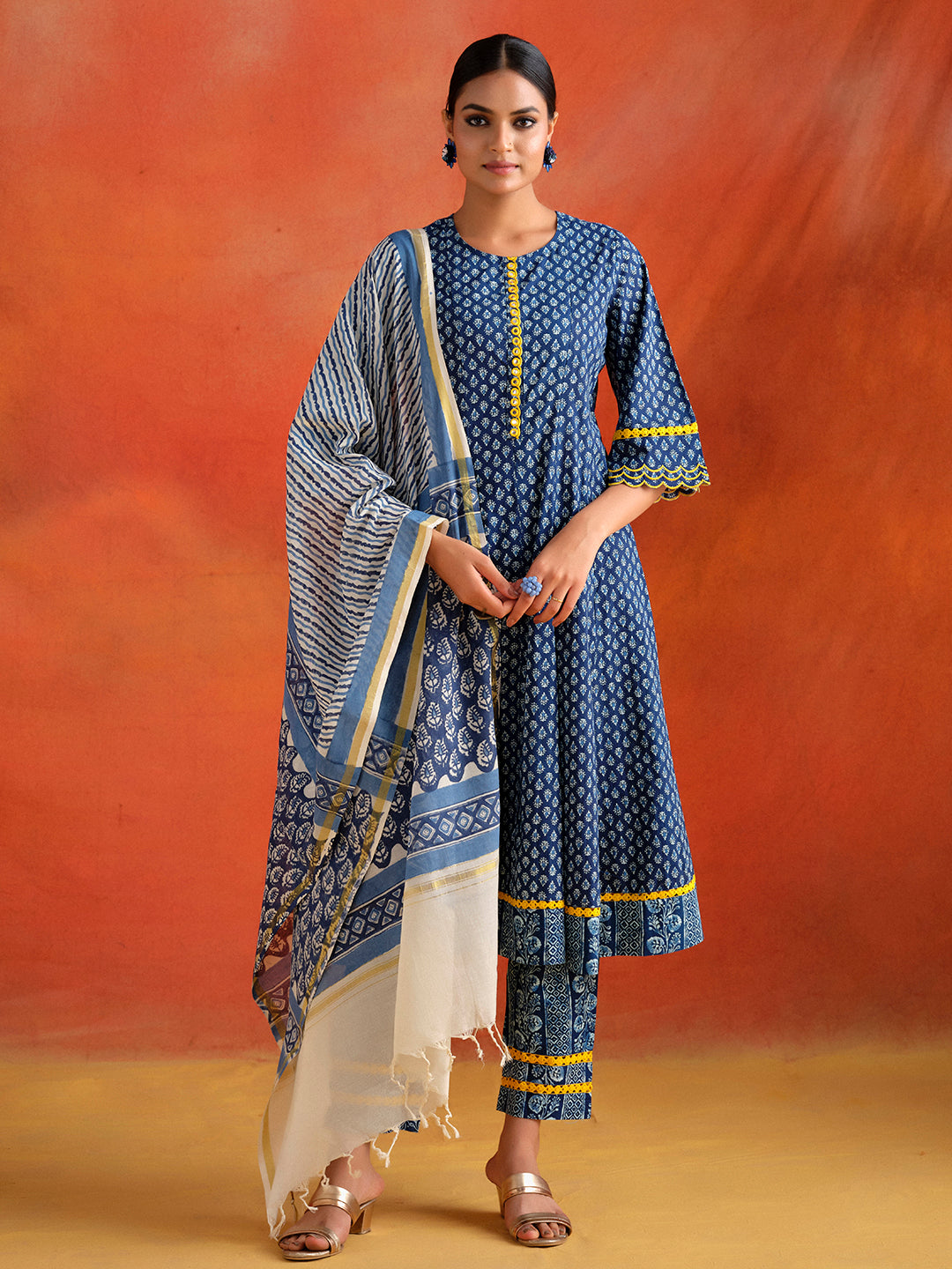 Indigo Blue Indigo Mirror Work Anarkali Kurta Set With Dupatta
