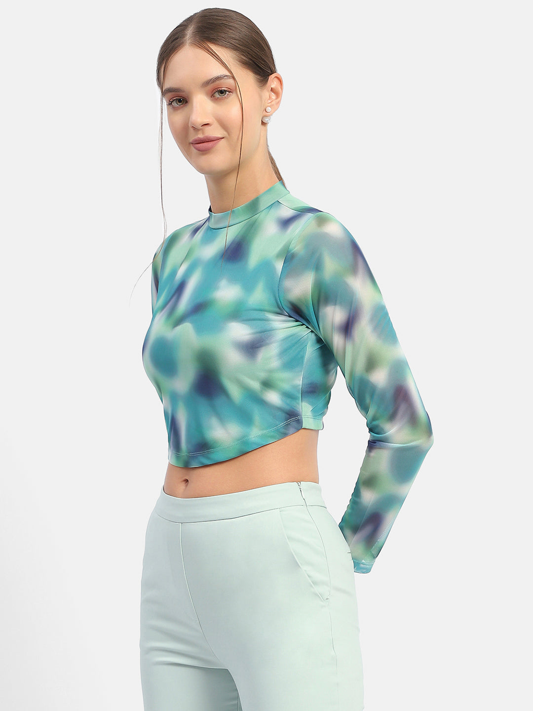 Madame Abstract Print Mint Green Asymmetrical Hem Top