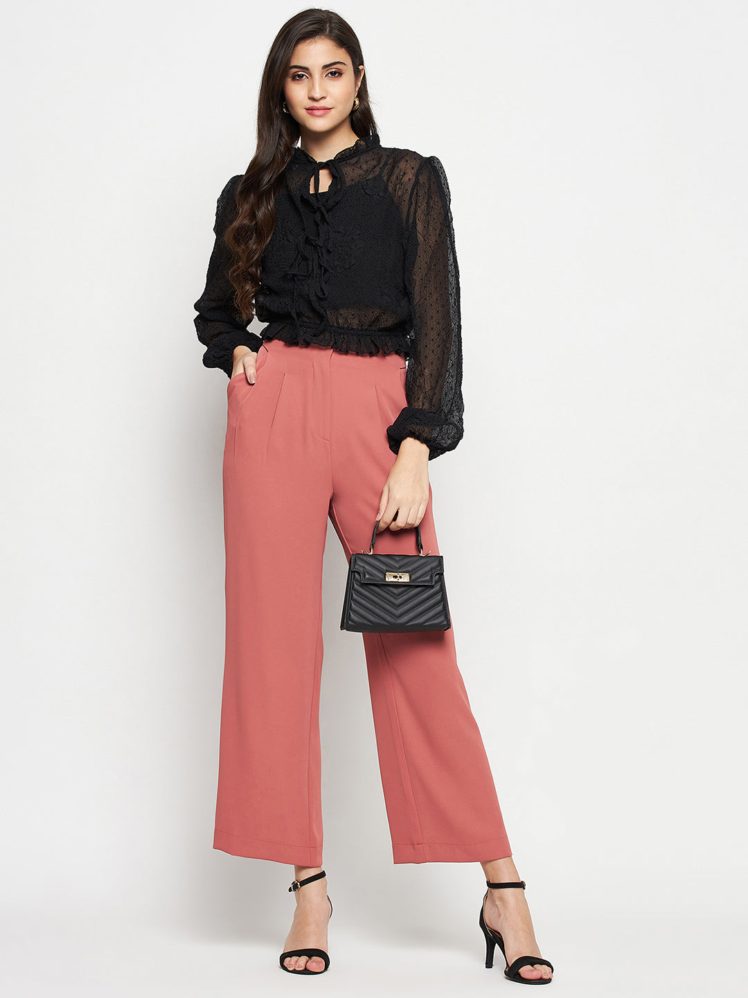 Madame Textured Swiss Dot Detail Black Peplum Top