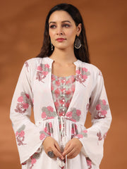 Green Floral Printed Cotton 3-Piece Crop Top With Shrug And Pant Co-Ord Set