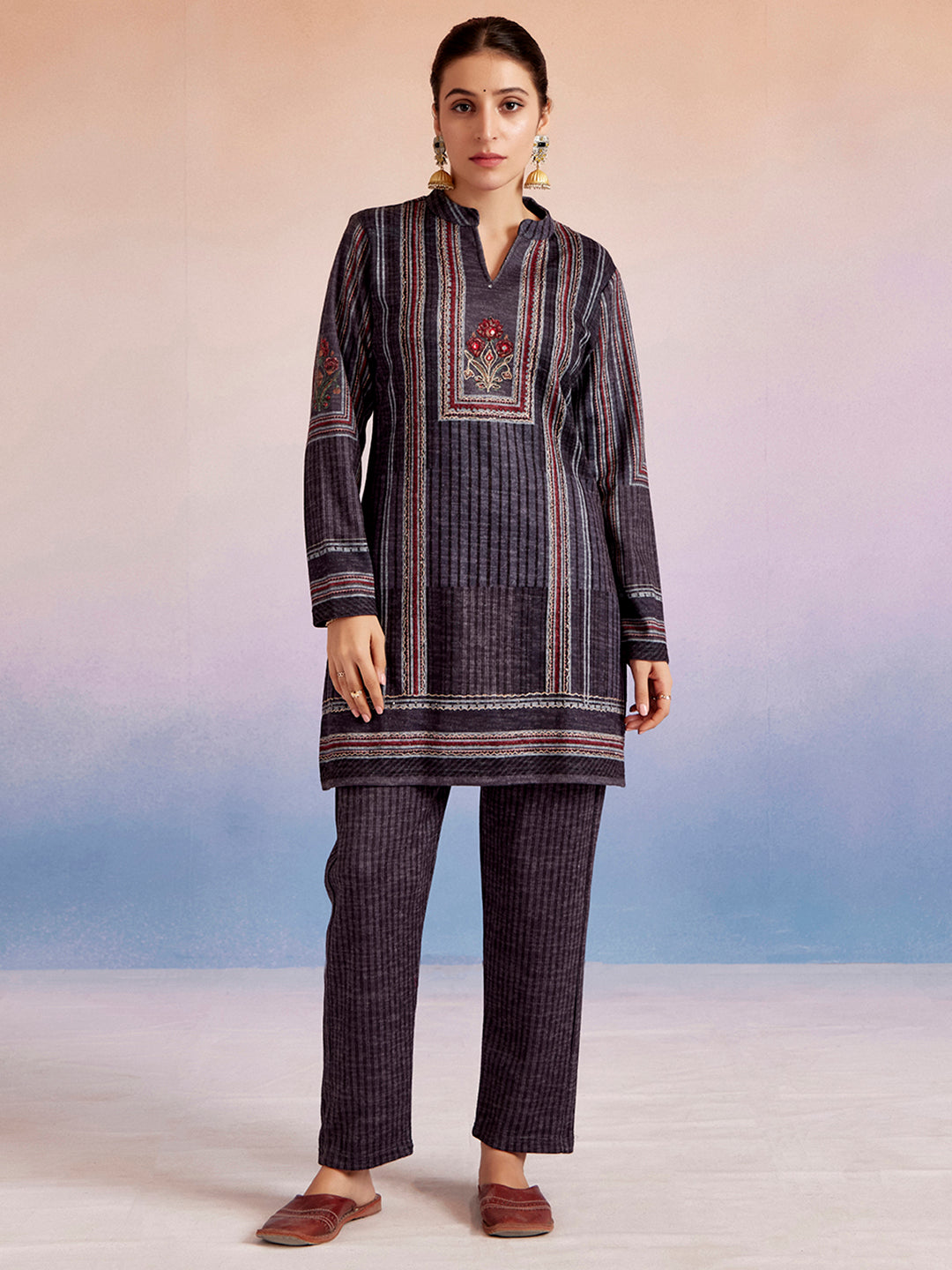 Grey Embroidered Woolen Co-Ord Set