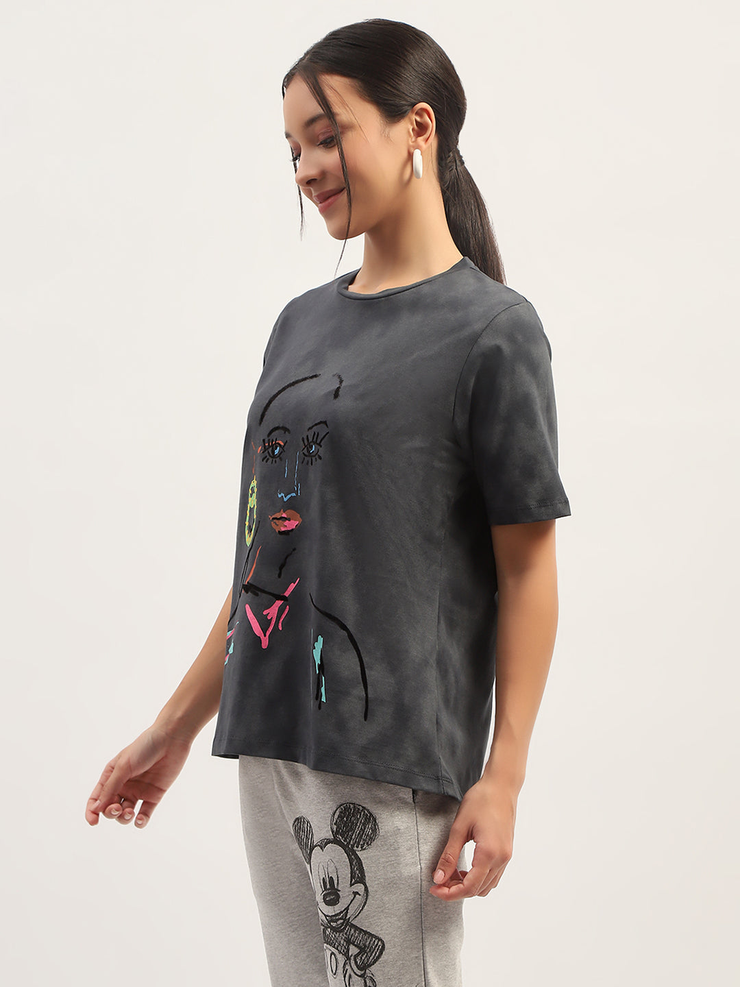 Madame Printed Charcoal Cotton T-Shirt