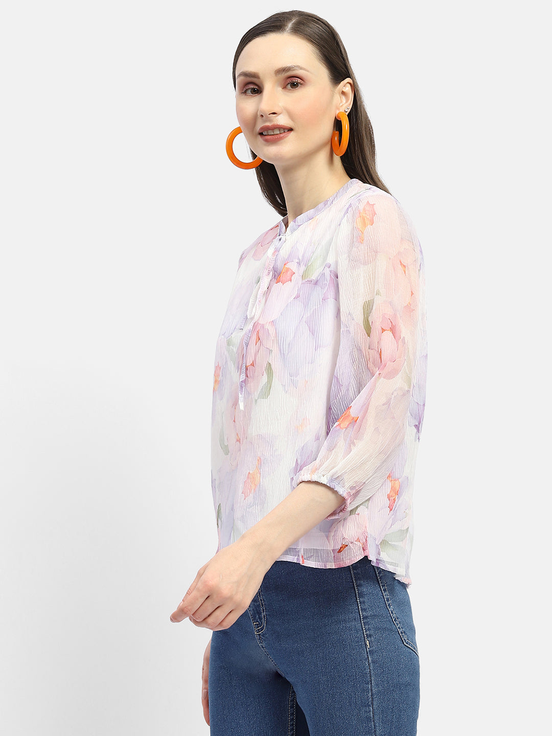Madame Tie-Up Neck Off-White Floral Top
