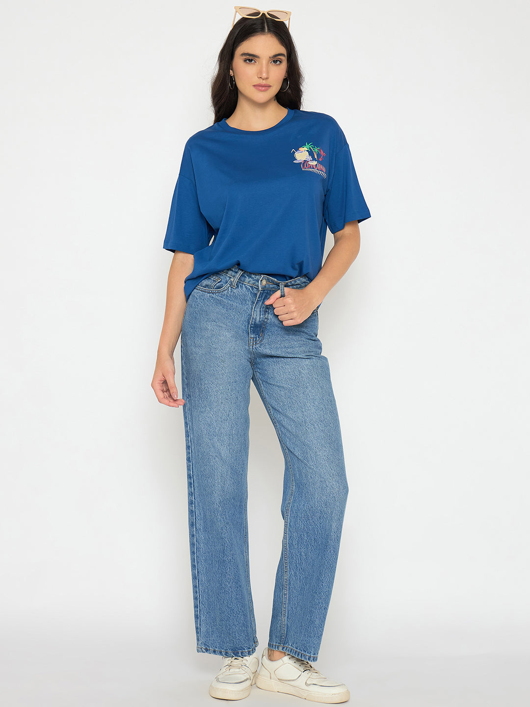 Royal blue Madame ladies western top with long sleeves, stylish upper garment for women, displayed on a plain background.