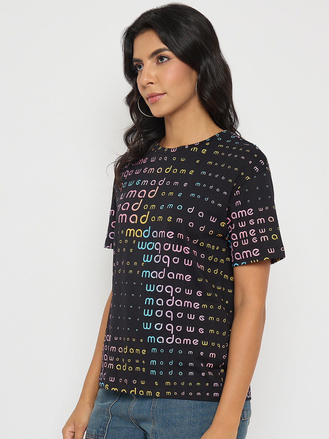 Madame All Over Print Black Cotton T-Shirt