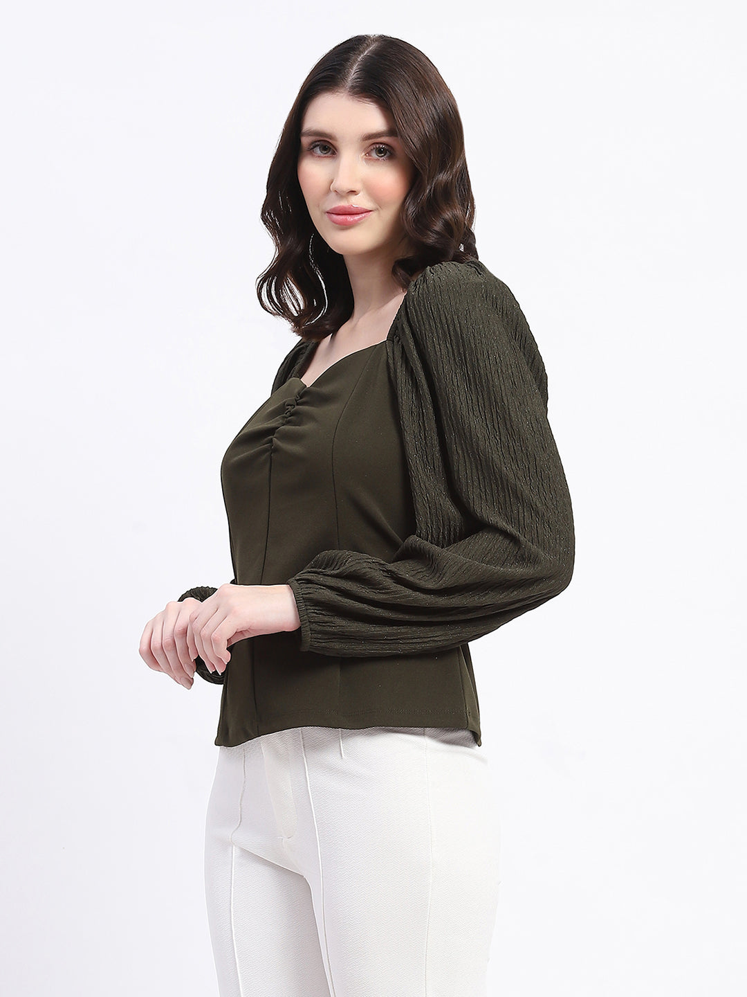Madame Sweetheart Neck Elasticated Rush Detailed Solid Olive Knit Moss Top