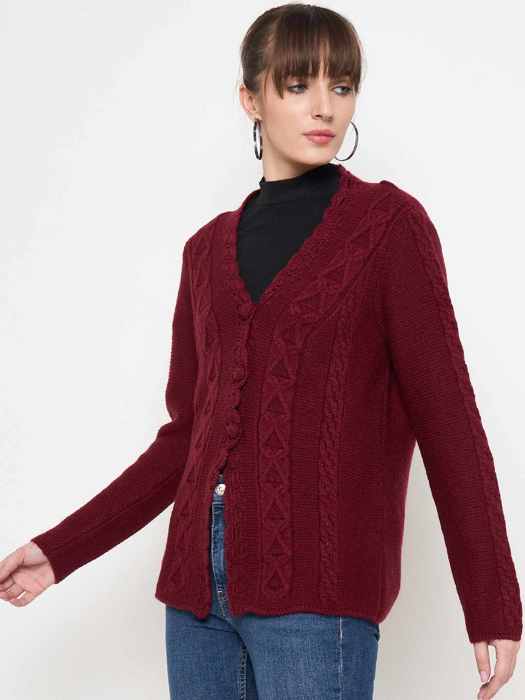 Madame Maroon Cable Knit Acrylic Cardigan