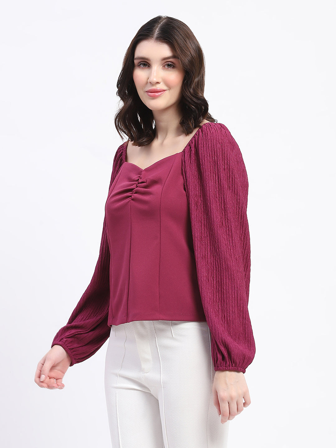 Madame Sweetheart Neck Elasticated Rush Detailed Solid Plum Knit Moss Top