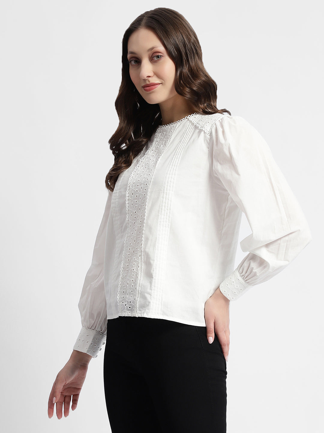 Madame Schiffli Adorned Puff Sleeve White Top