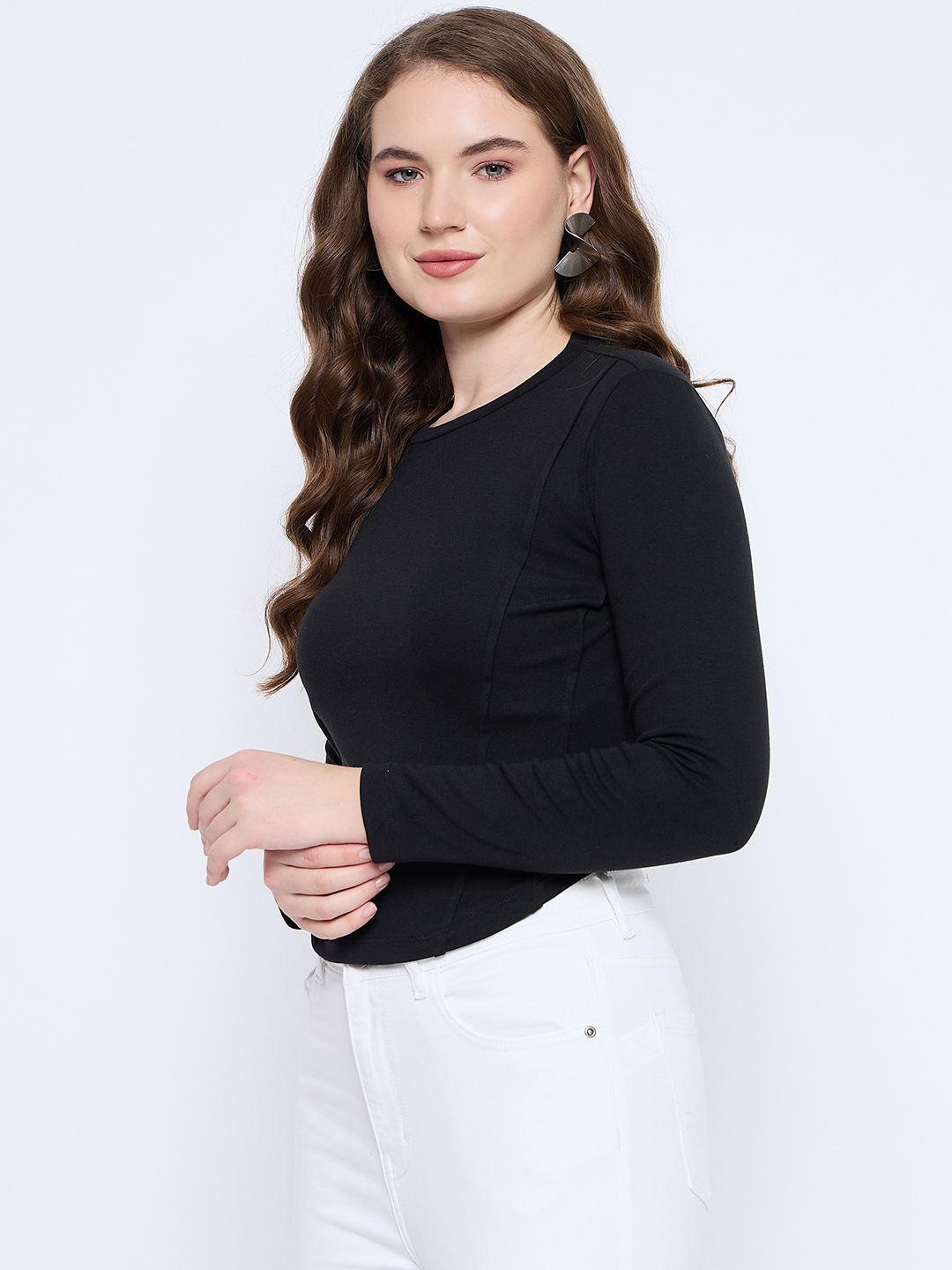 Madame Corset Body Stitch Line Detailed Solid Black Ribbed Crop Top