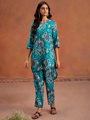Teal Ikat Printed Festive Co-Ord Set