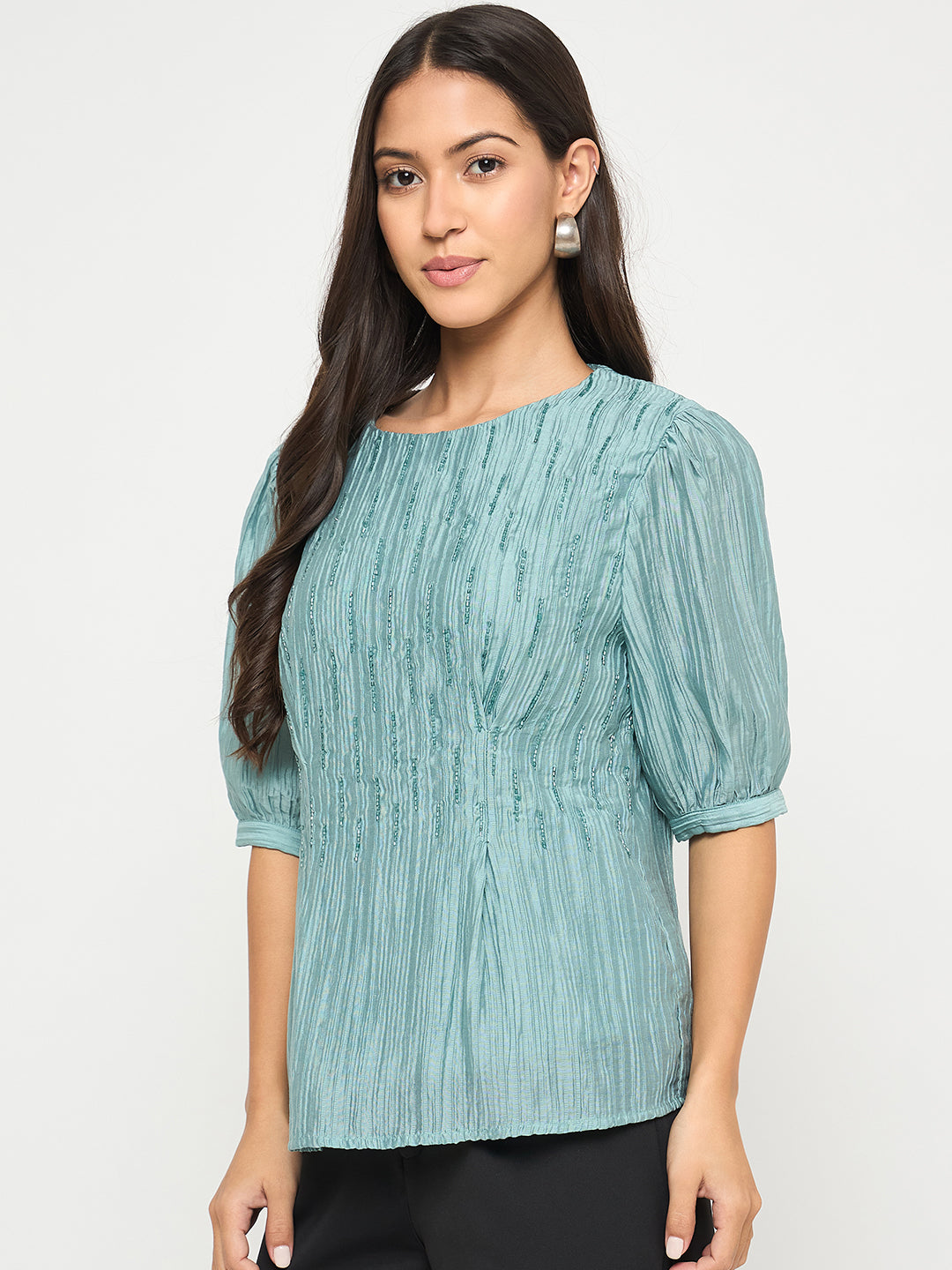Madame Textured Embellished Tencel Blend Green Top