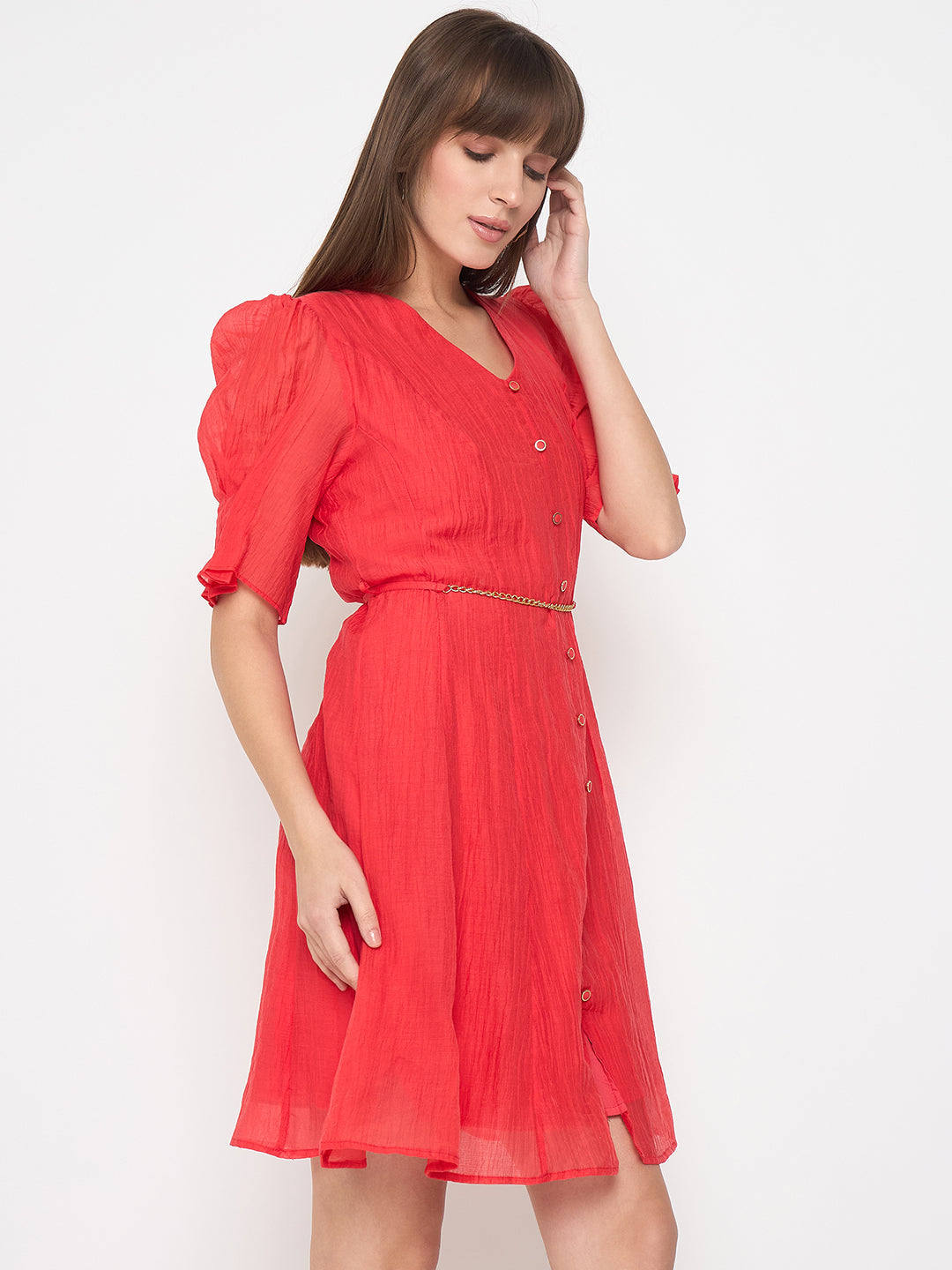 Madame Textured Belted Red Mini A Line Dress