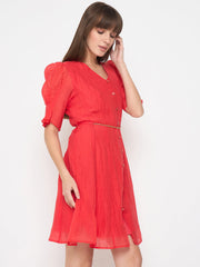 Madame Textured Belted Red Mini A Line Dress