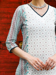 White And Blue Ethnic Printed Straight Kurta