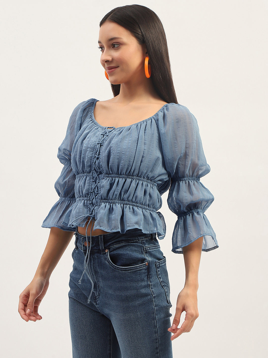 Madame Ruched Detailing Blue Peplum Top