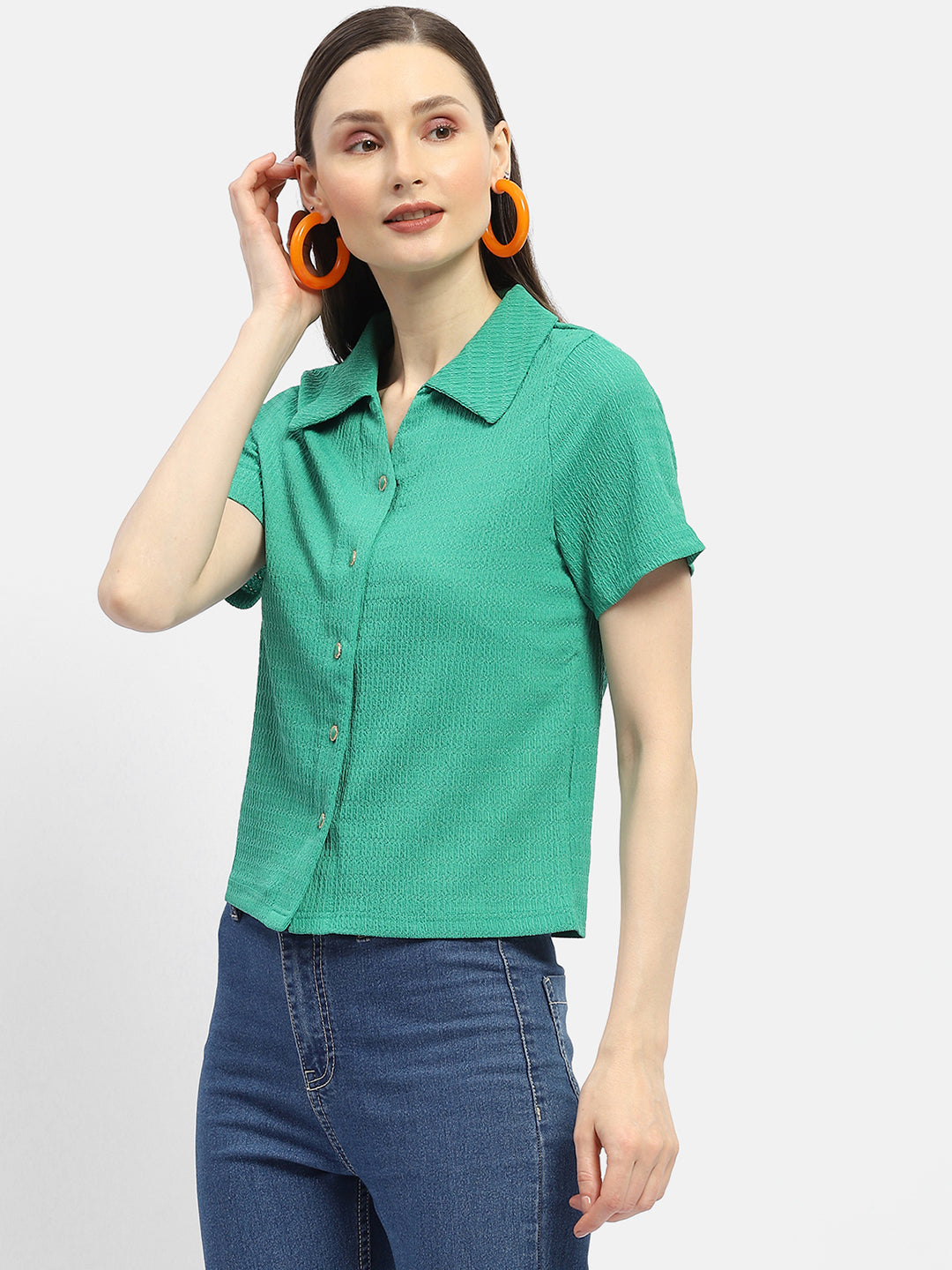 Madame Textured Green Half Sleeve Shirt
