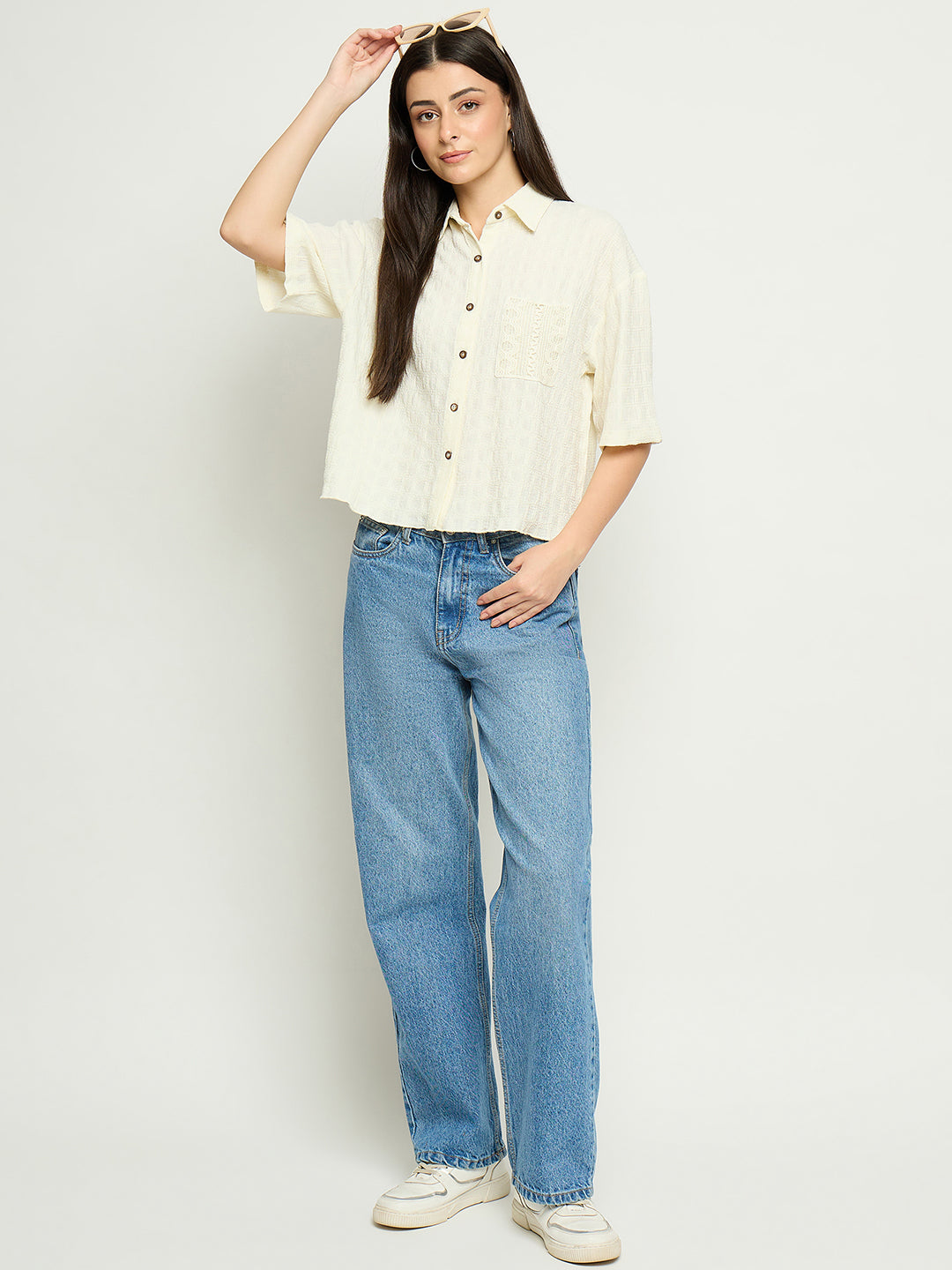 Off white Madame ladies Western shirt with long sleeves and classic Western styling, displayed on a hanger.