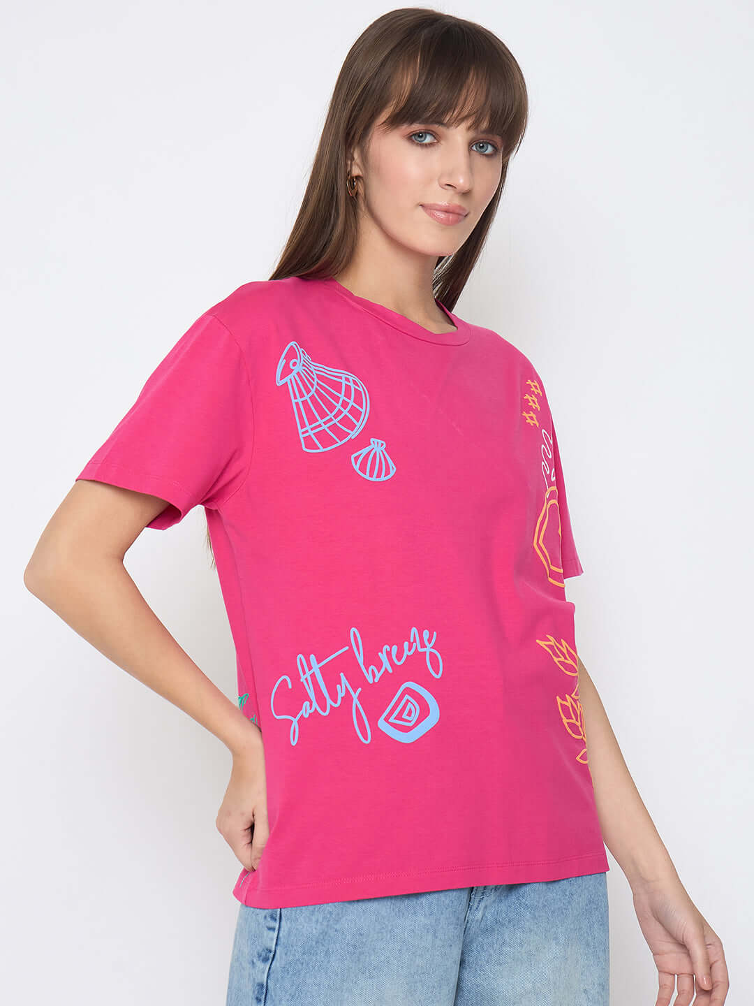 Madame hot pink printed T-shirt for ladies, featuring front and back designs, casual Western style upper top.