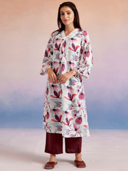 Off White & Magenta Floral Printed A-Line Kurta