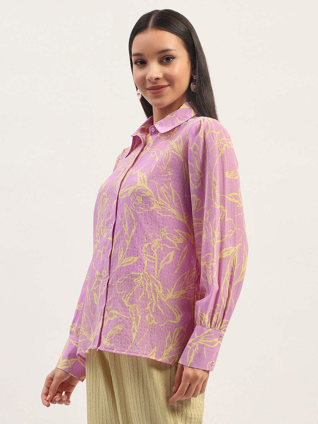 Madame Floral Print Bishop Sleeve Lilac Shirt
