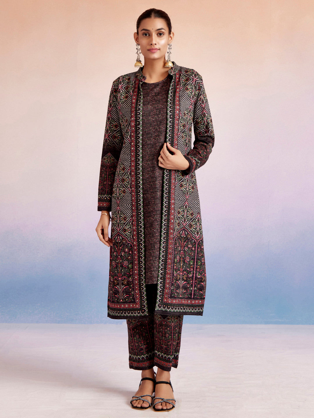 Grey Woolen Ethnic Printed Co-Ord Set