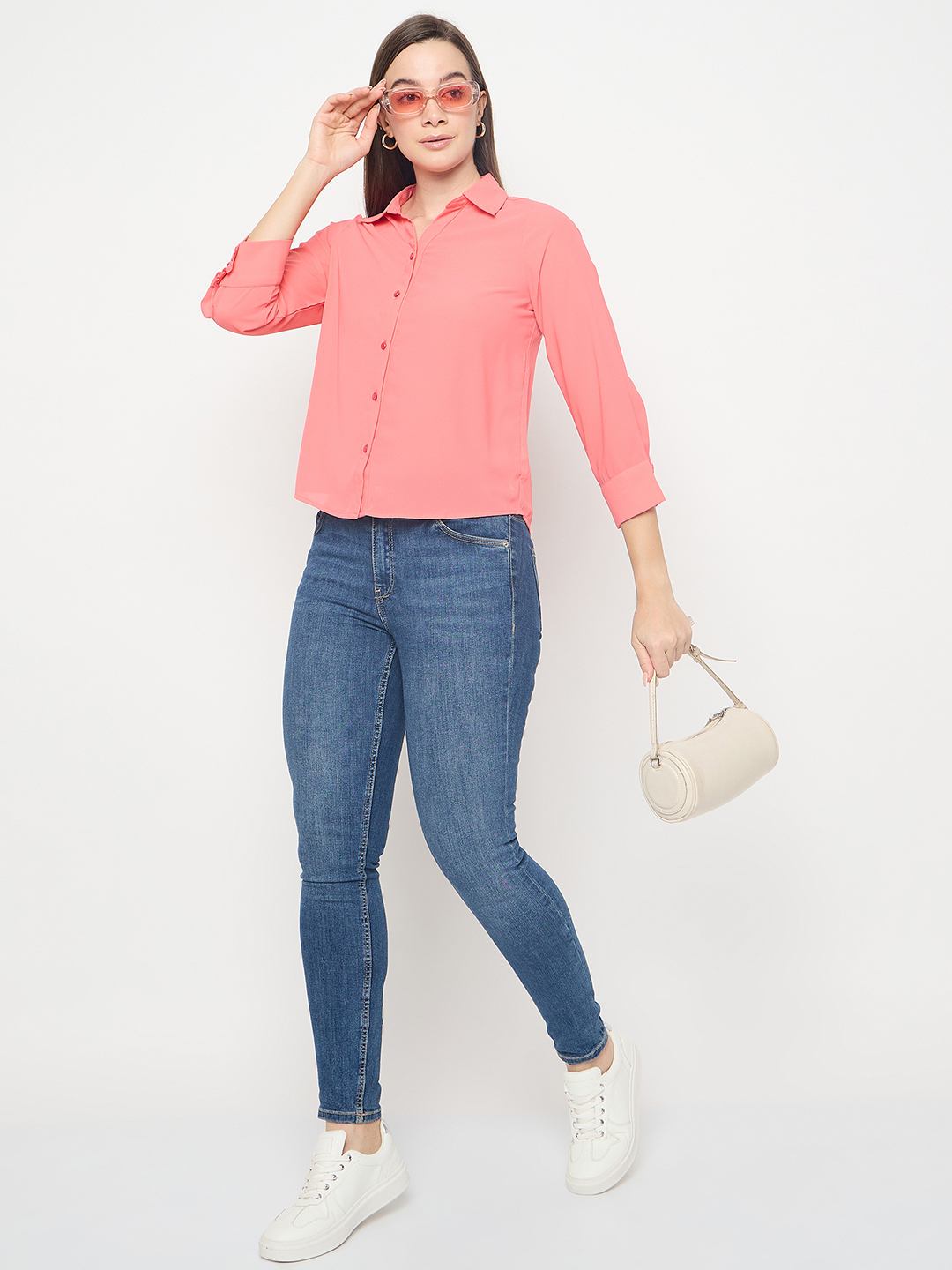 Madame Solid Cuff Sleeve Coral Shirt