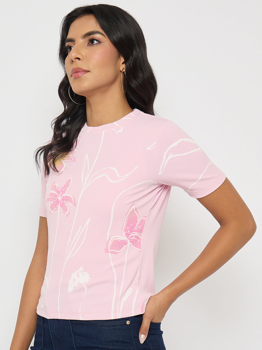 Madame Floral Print Sequin Detailed Pink T-Shirt