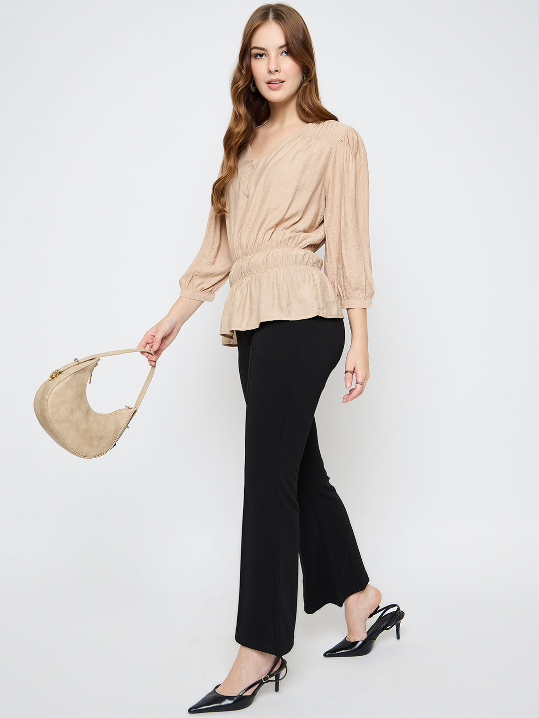 Madame Solid Rayon Blend Beige Peplum Top