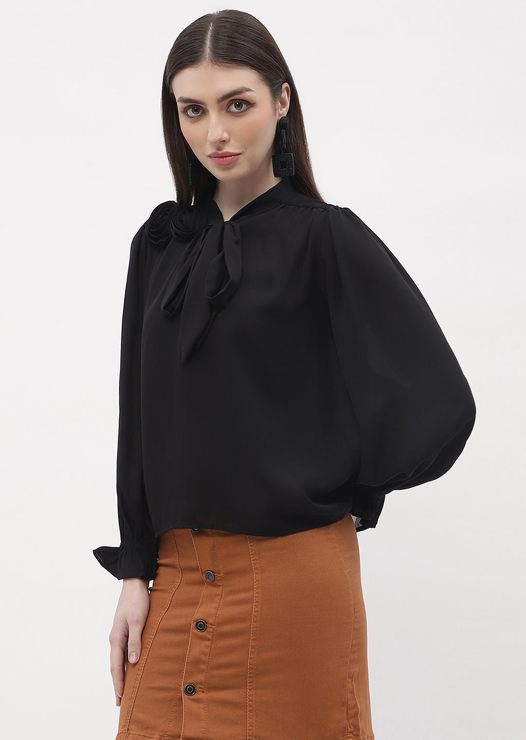 Madame Applique Adorned Black Poet Sleeve Top