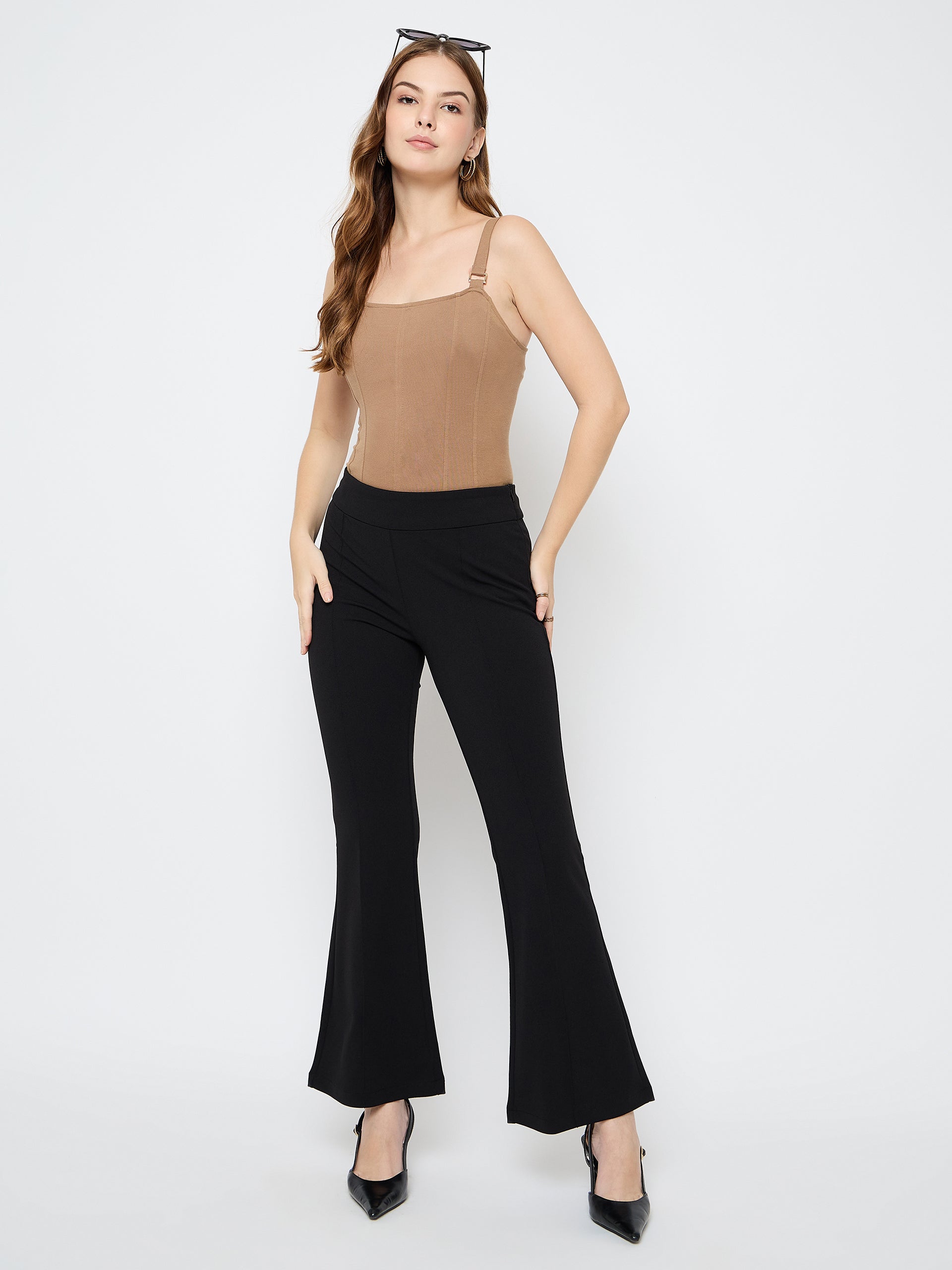 Madame Pleat Detailed Solid Black Flared Trousers