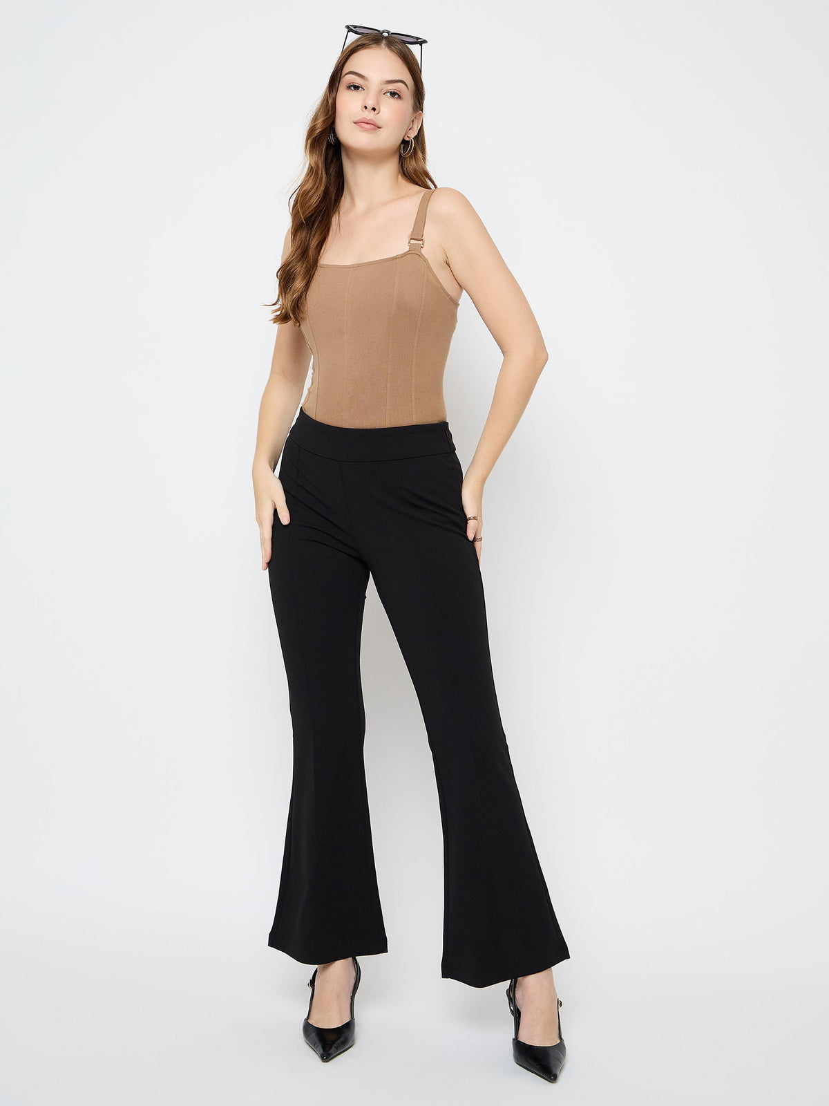 Madame Pleat Detailed Solid Black Flared Trousers