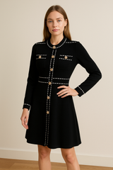 Elegant Black A-Line Dress with Gold Buttons & White Stitch Detailing – Premium Party & Office Wear